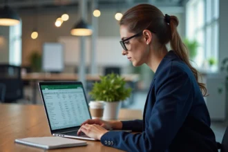 Femme professionnelle calculant des pourcentages sur Excel dans un bureau moderne