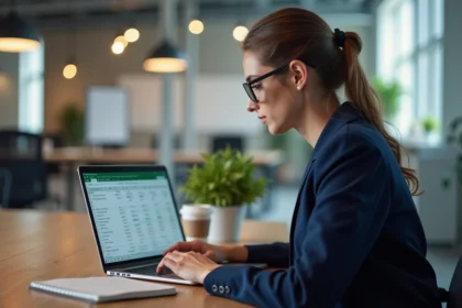 Femme professionnelle calculant des pourcentages sur Excel dans un bureau moderne