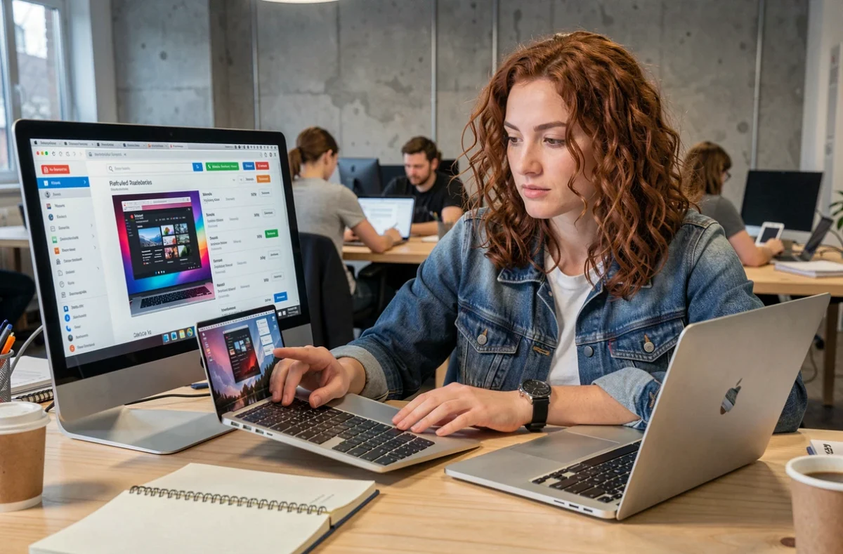 Femme comparant des offres de MacBook Air d'occasion sur un site de reconditionnement dans un espace de coworking