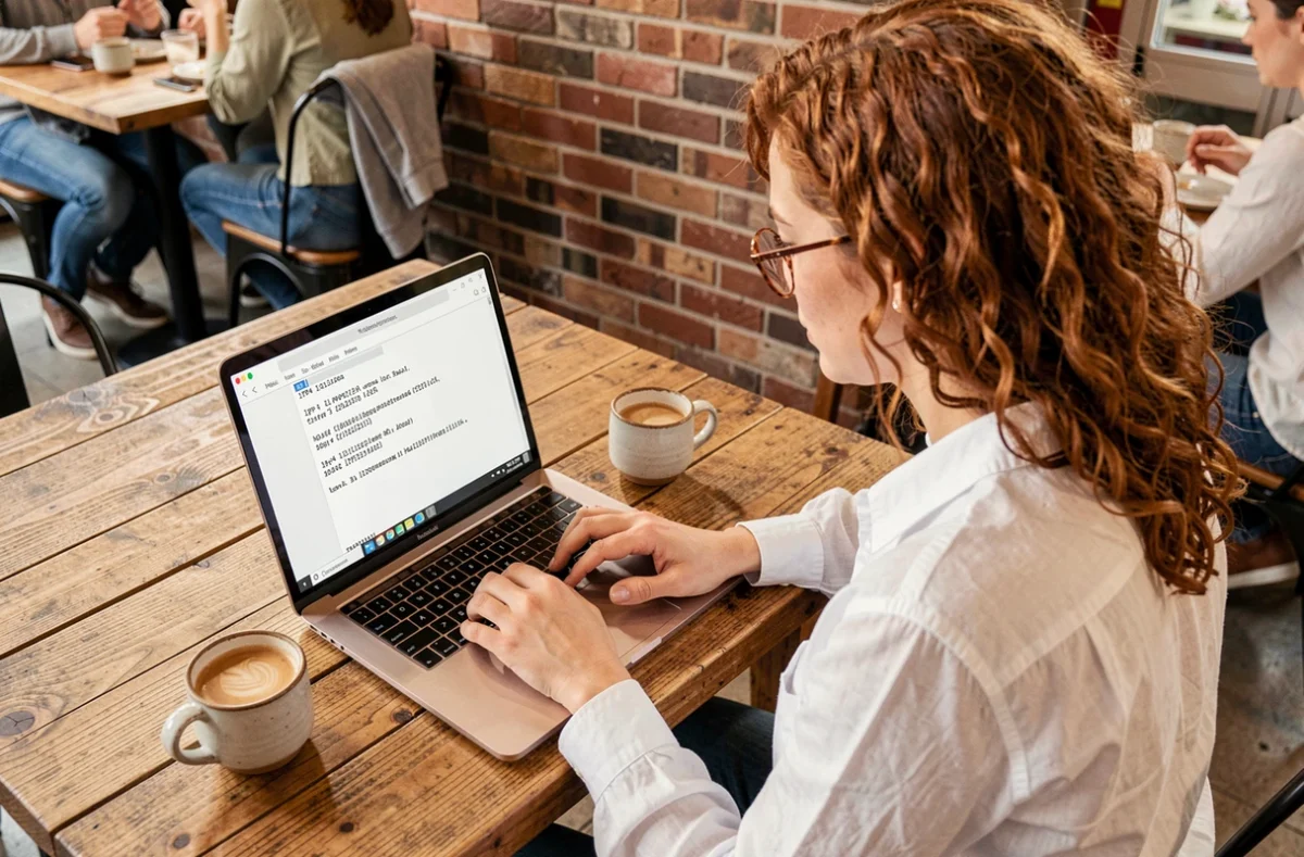 Femme travaillant sur la configuration d'une adresse IP v4 dans un café avec un ordinateur portable