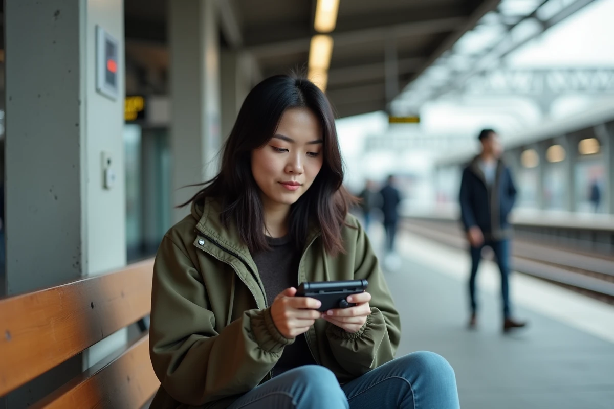 Femme joueuse utilisant une console portable Sony sur un quai de gare en voyage