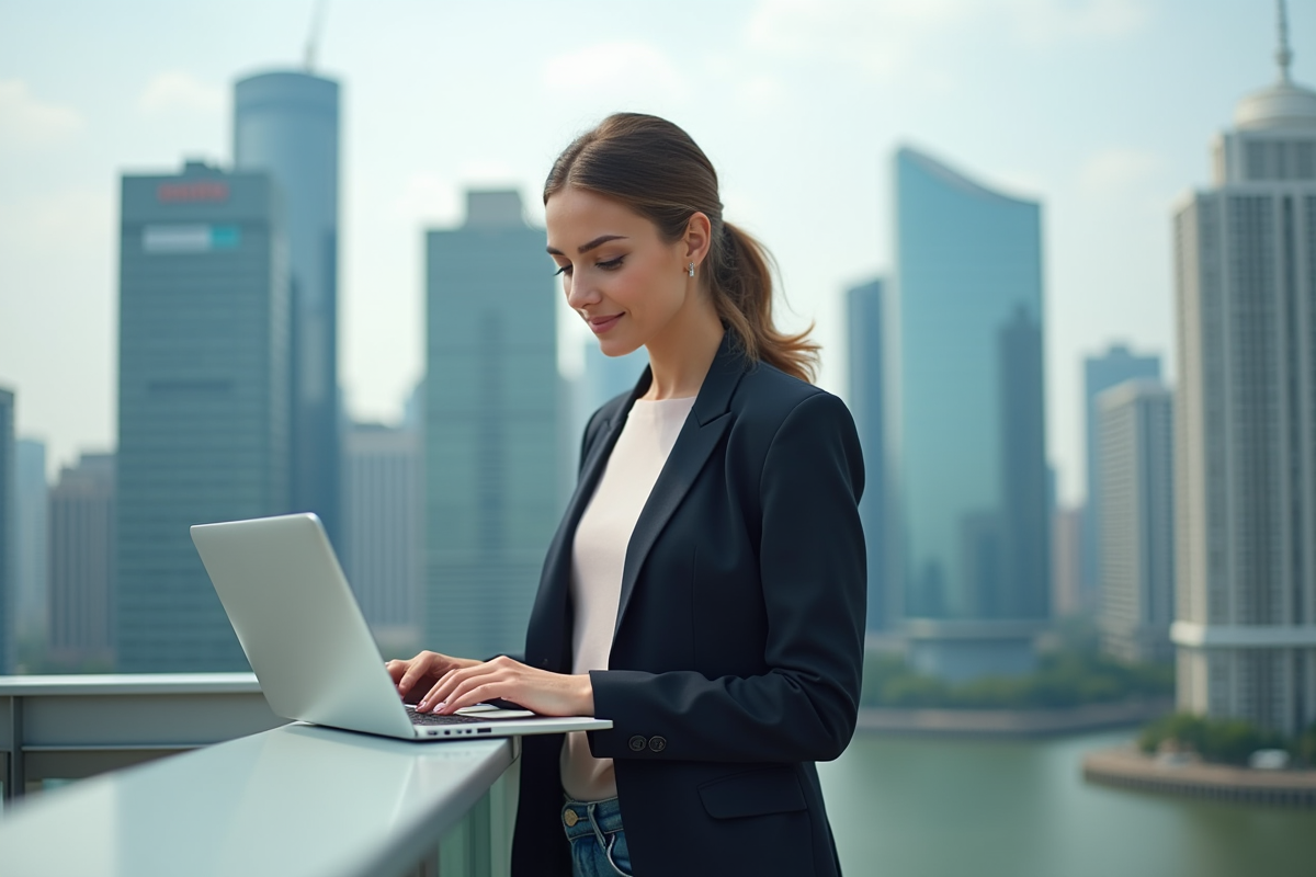 Jeune femme entrepreneure travaillant sur un ordinateur portable en ville