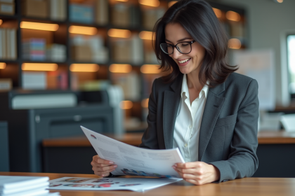 Femme d'âge moyen examinant une brochure dans un atelier d'impression