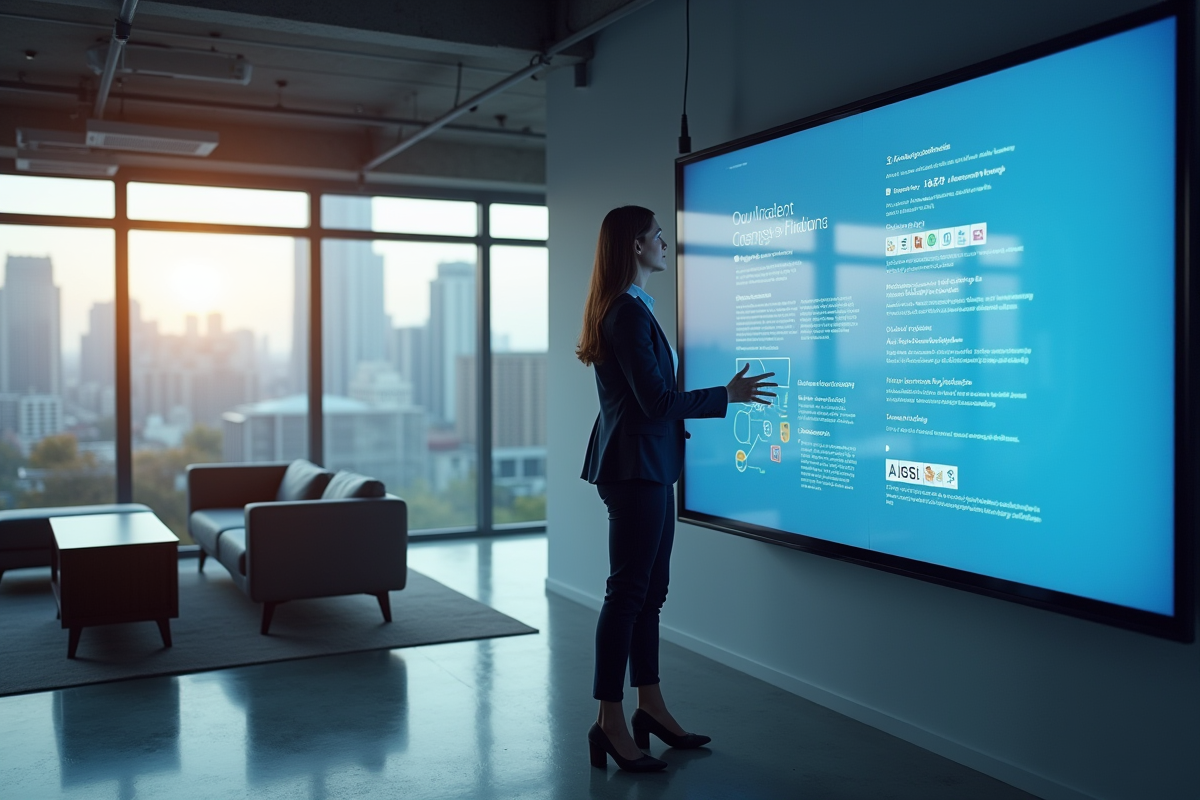 Femme en entreprise interagissant avec un grand écran Windows conceptuel