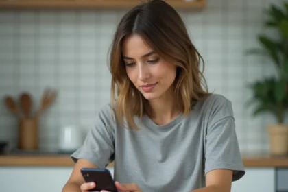 Jeune femme programmant un message WhatsApp sur son smartphone dans une cuisine moderne