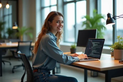 Jeune femme souriante tapant une commande dans un bureau moderne