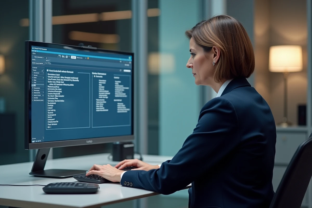 Femme d affaires compare processeurs sur un grand écran