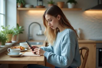 Jeune femme utilisant son smartphone dans une cuisine chaleureuse