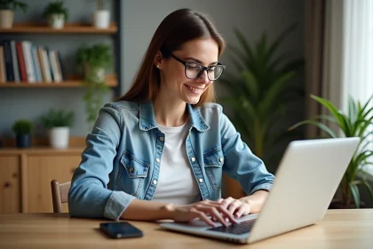 Femme détendue utilisant un ordinateur pour comparer VPN à la maison