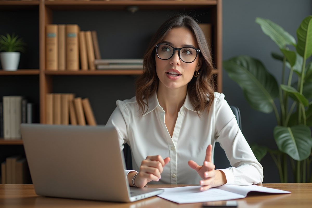 Jeune femme en blouse parlant dans un bureau moderne