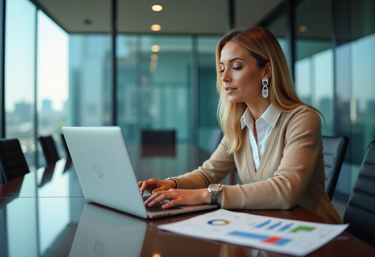 Jeune femme en blouse parlant dans un bureau moderne
