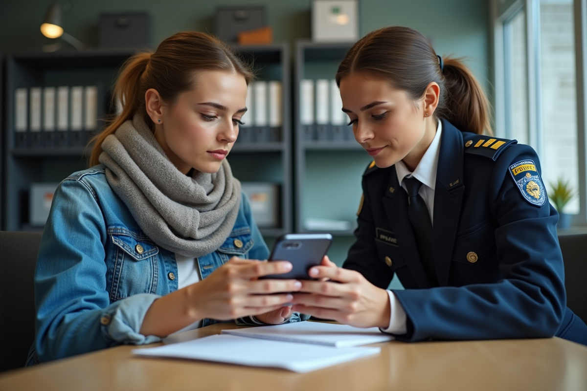Jeune femme remettant son smartphone à une policière en intérieur