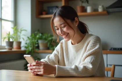 Jeune femme inspectant un smartphone reconditionne dans sa cuisine