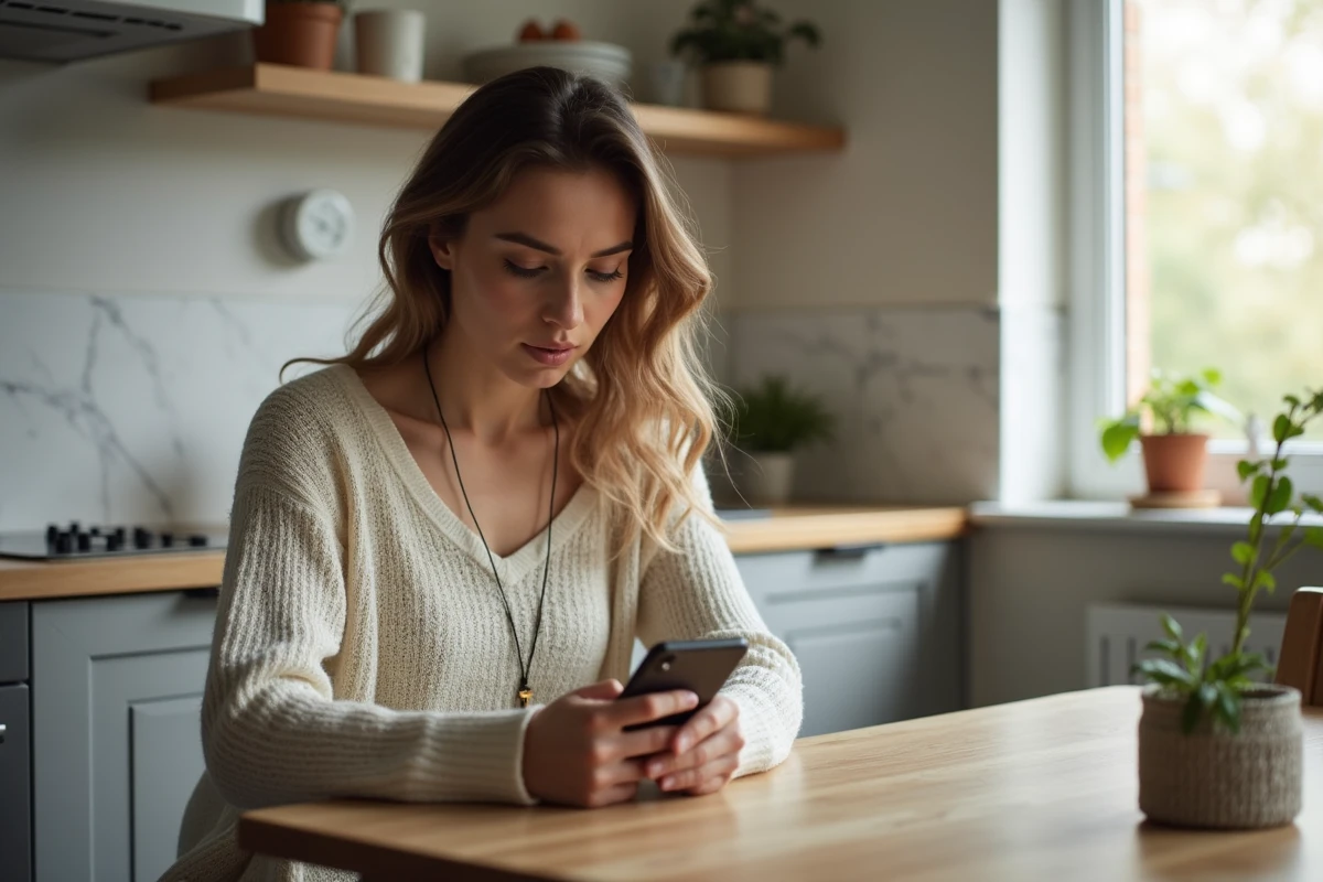 Femme assise à la cuisine regardant son iPhone