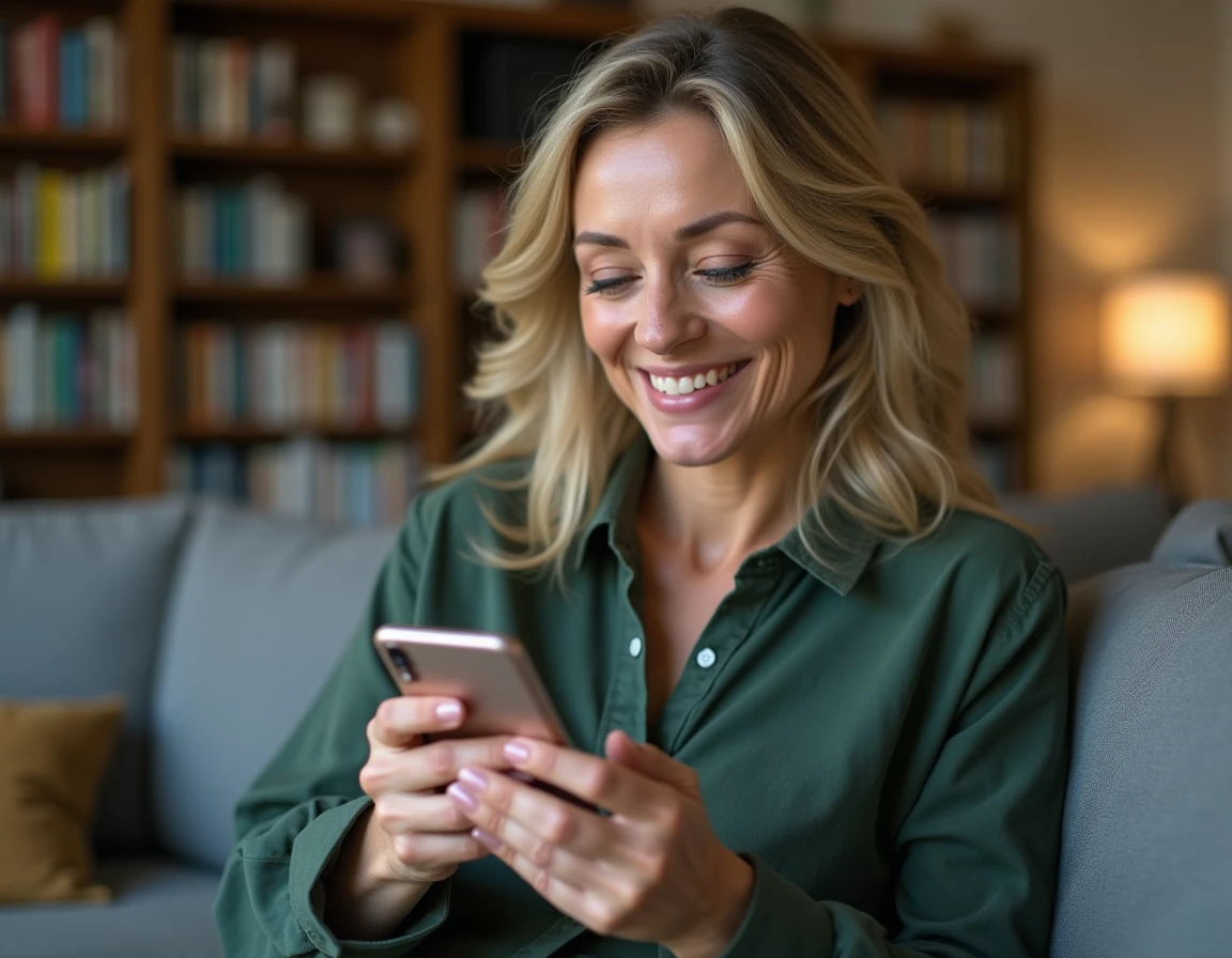 Femme utilisant une application tierce pour programmer un message WhatsApp depuis son canapé