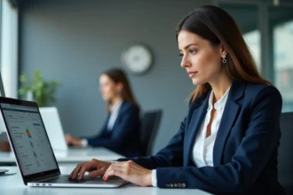Femme professionnelle configurant les paramètres de sécurité d'un service UHA sur un ordinateur portable en bureau moderne