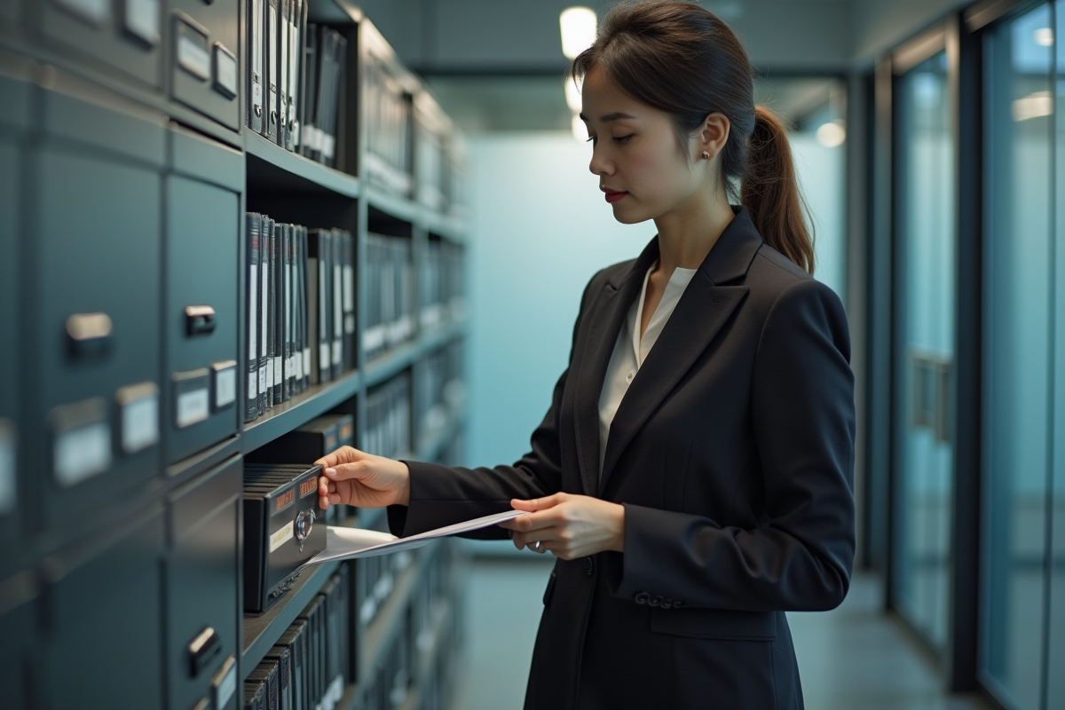 Femme professionnelle range un document confidentiel dans un coffre