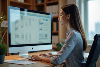 Jeune femme professionnelle analysant des rapports SEO