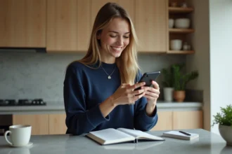 Jeune femme configure son smartphone dans une cuisine moderne
