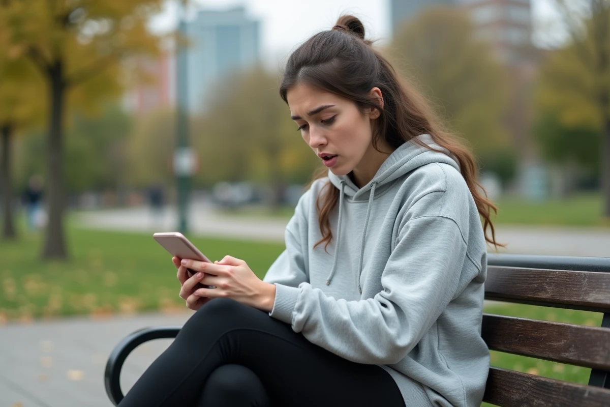 Jeune femme surprise regardant son téléphone en plein air