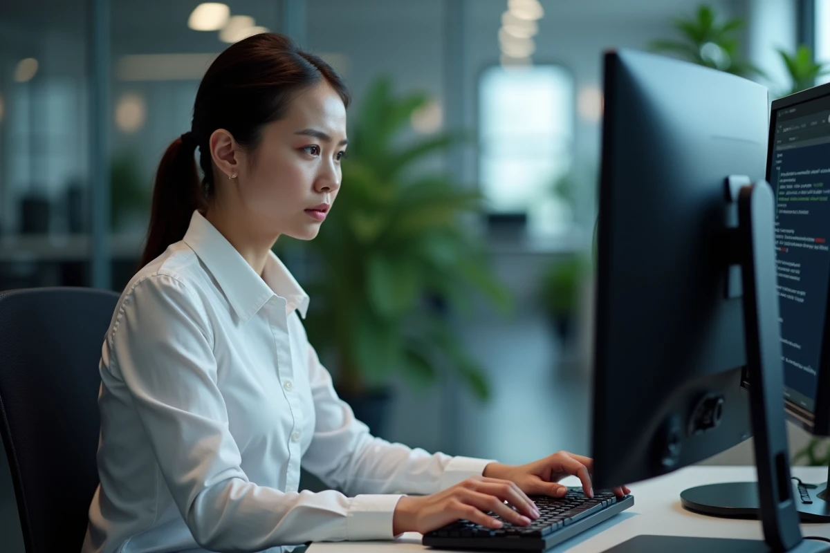 Femme vérifiant des logs d erreur sur un écran d ordinateur
