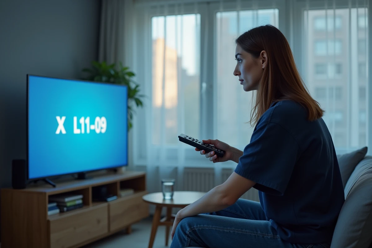 Femme tenant une télécommande face à une TV Orange bloquée sur le code d'erreur L11-09