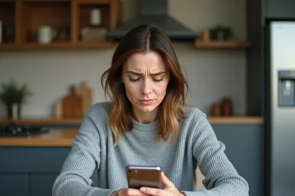 Femme frustrée tenant un smartphone Samsung lent dans une cuisine moderne