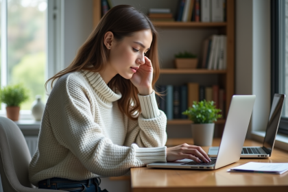 Jeune femme au bureau compare des laptops en ligne