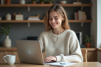 Jeune femme travaillant sur un ordinateur portable à la maison