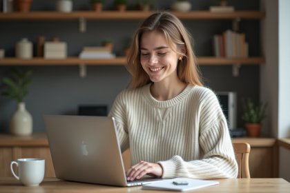 Jeune femme travaillant sur un ordinateur portable à la maison
