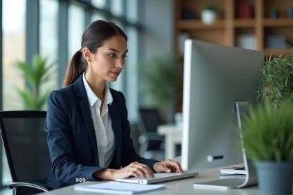 Jeune femme en blazer analysant des rapports marketing