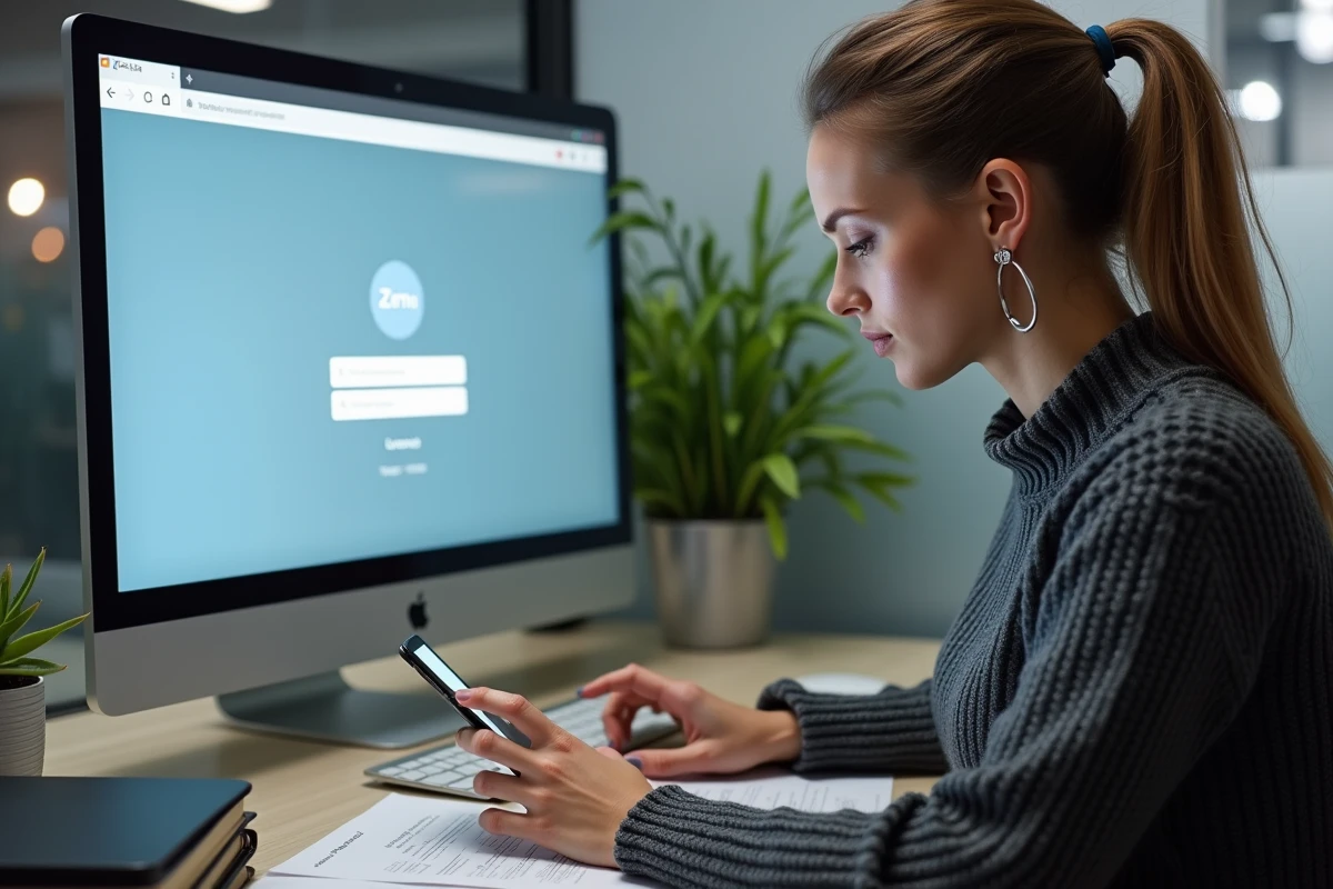 Femme au bureau utilisant son smartphone et ordinateur