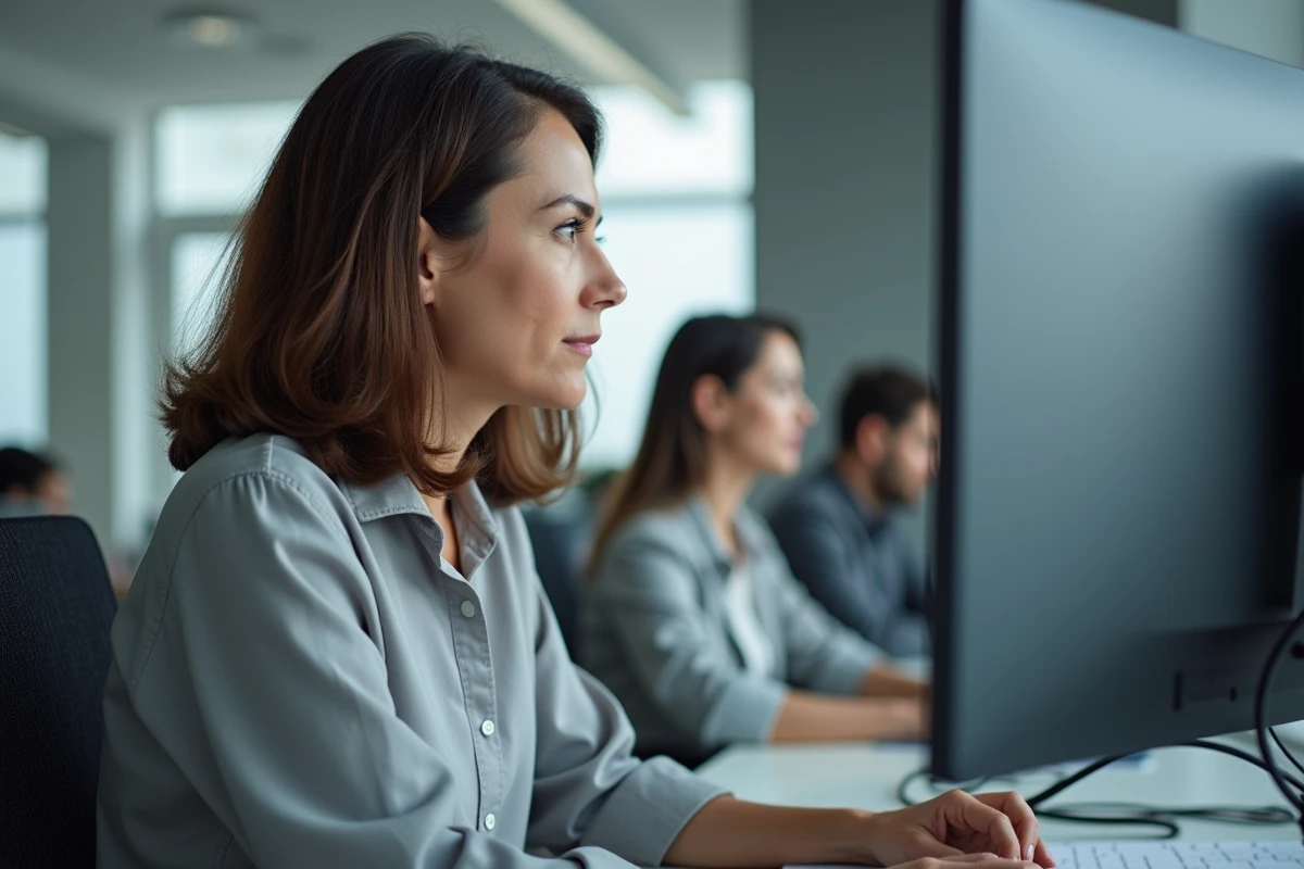 Femme concentrée vérifiant son moniteur au bureau