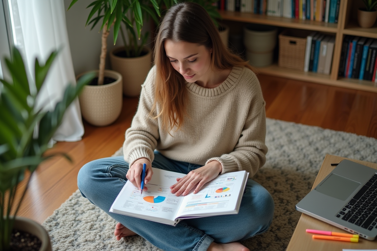 Femme travaillant sur son SEO avec notes et ordinateur portable