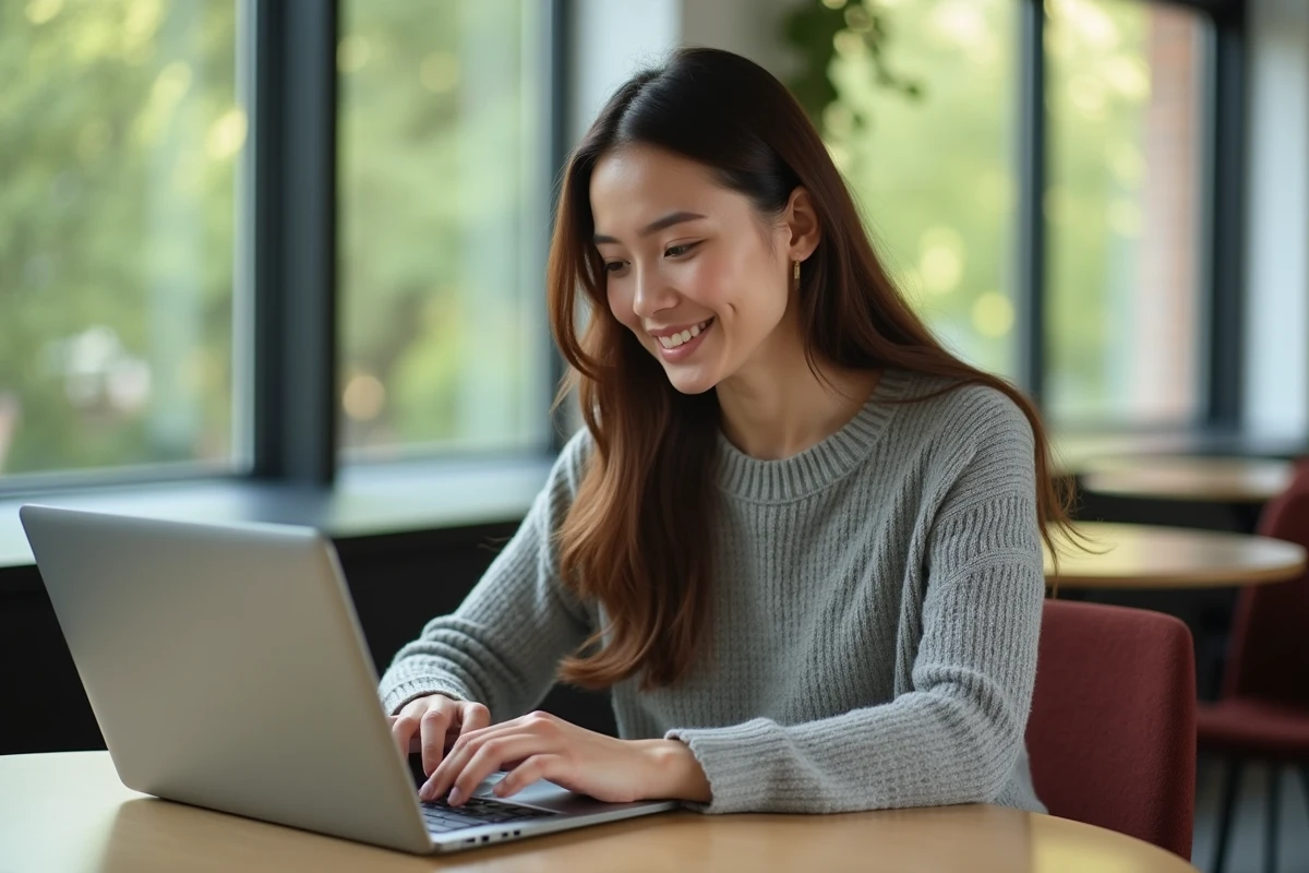 Femme souriante utilisant un Chromebook dans un espace de coworking