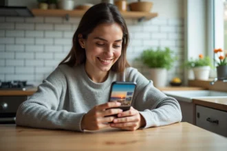 Femme utilisant Google Photos sur smartphone pour organiser ses photos de vacances dans une cuisine moderne