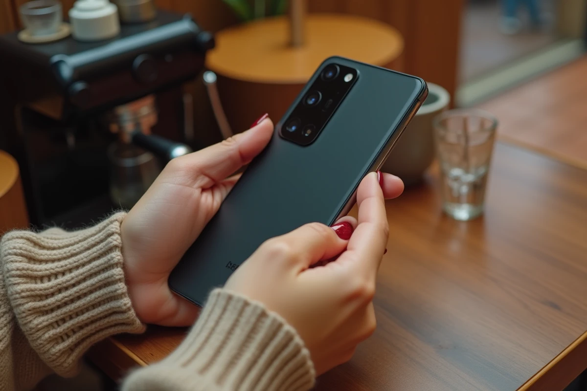 Femme utilisant un Samsung Galaxy S22 à deux mains dans un café pour tester la taille et le confort de prise en main