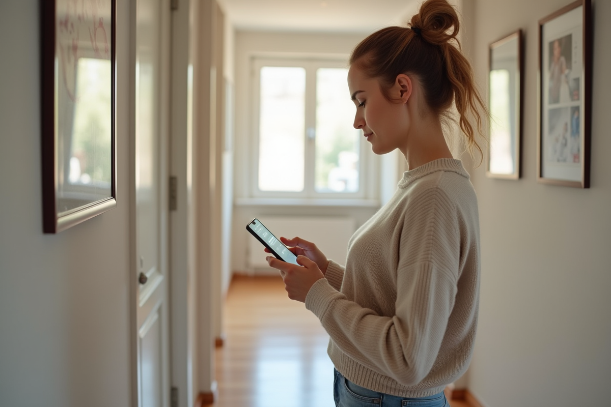 Jeune femme vérifie ses paramètres de sécurité dans un couloir lumineux