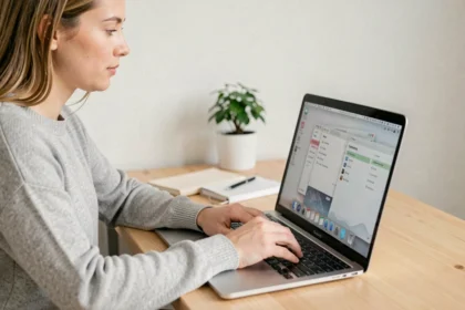Femme utilisant un raccourci clavier sur MacBook Pro pour fermer rapidement des applications sur macOS