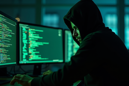 Figure masquee devant des ecrans de code vert