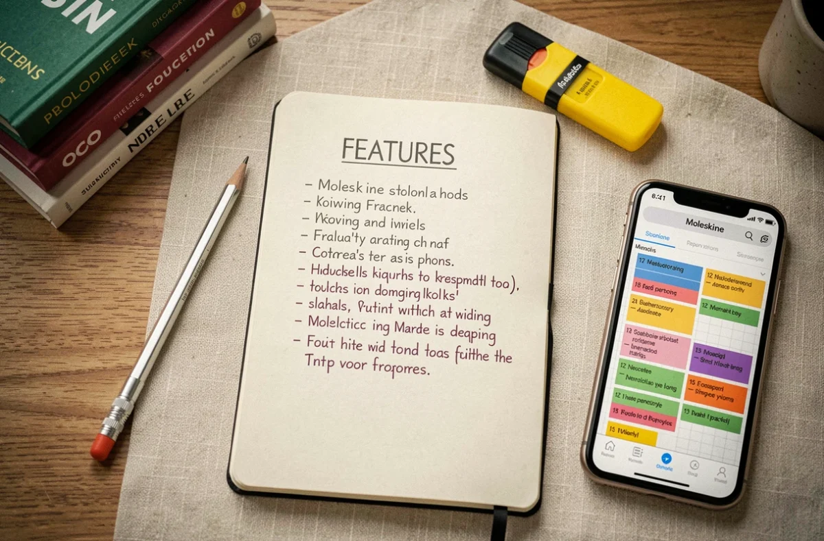 Vue de dessus d'un bureau avec un carnet ouvert listant des features entouré d'outils de productivité