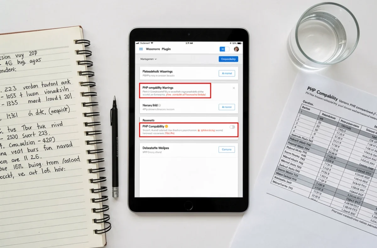Vue aérienne d'un bureau avec une tablette affichant des avertissements de compatibilité PHP WooCommerce et des notes manuscrites sur les versions