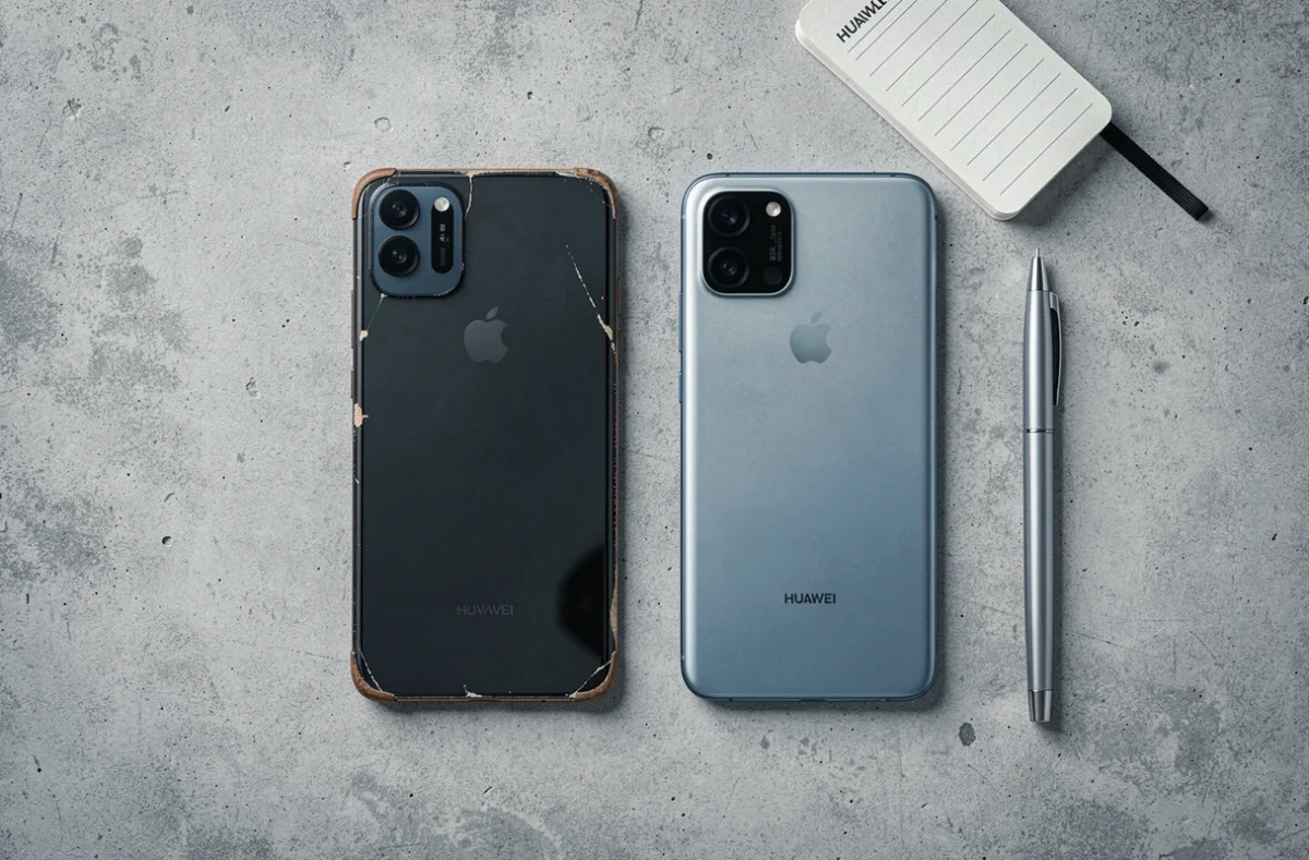 Vue de dessus de deux smartphones Huawei sur béton, comparant le P10 Lite et un modèle récent