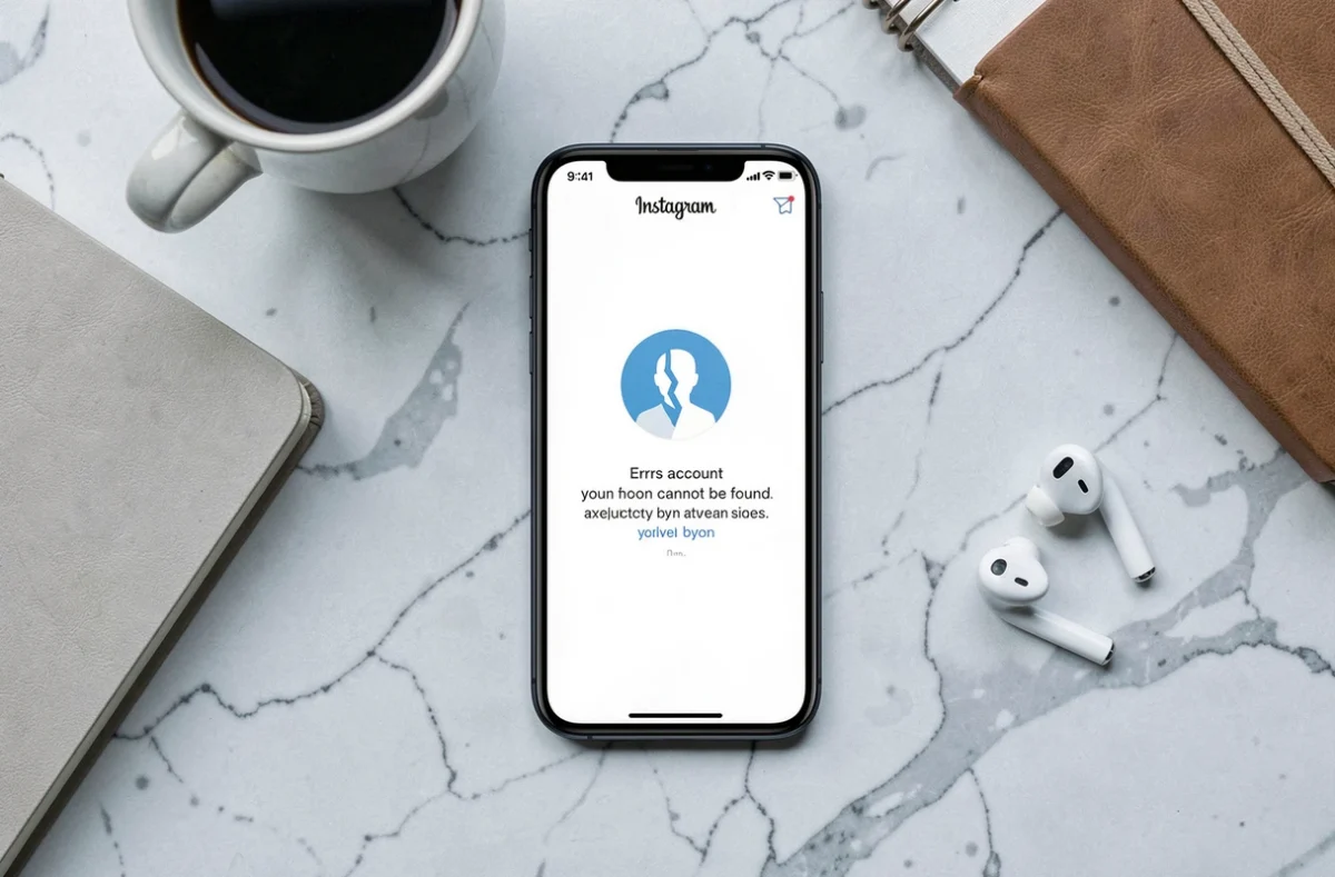 Vue aérienne d'un smartphone posé sur une surface en marbre affichant une erreur de compte introuvable sur Instagram entouré d'accessoires du quotidien