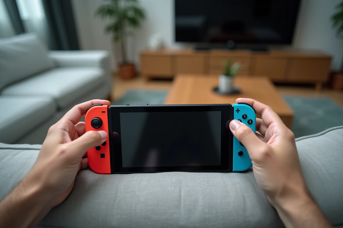 Gros plan sur les mains appuyant simultanément sur les boutons de la Nintendo Switch pour forcer un redémarrage