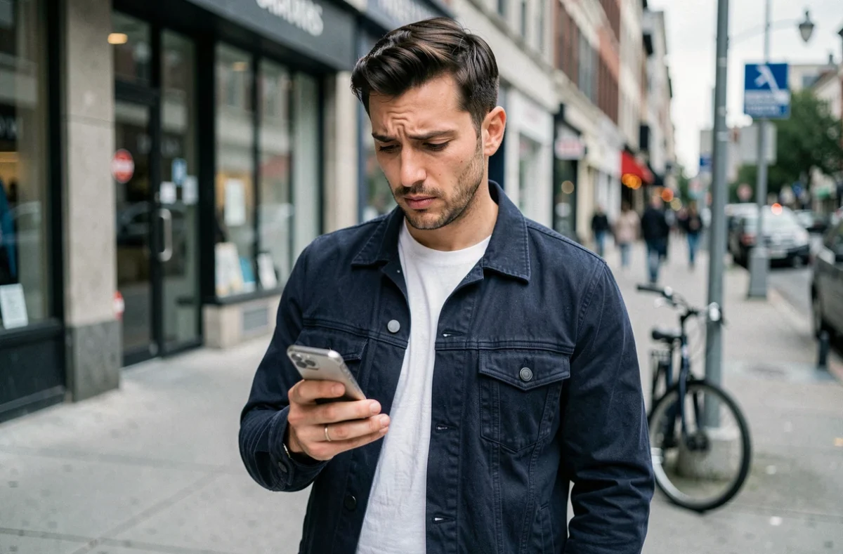 Homme en ville consultant les paramètres de stockage de son smartphone, illustrant la gestion des Go et Mo