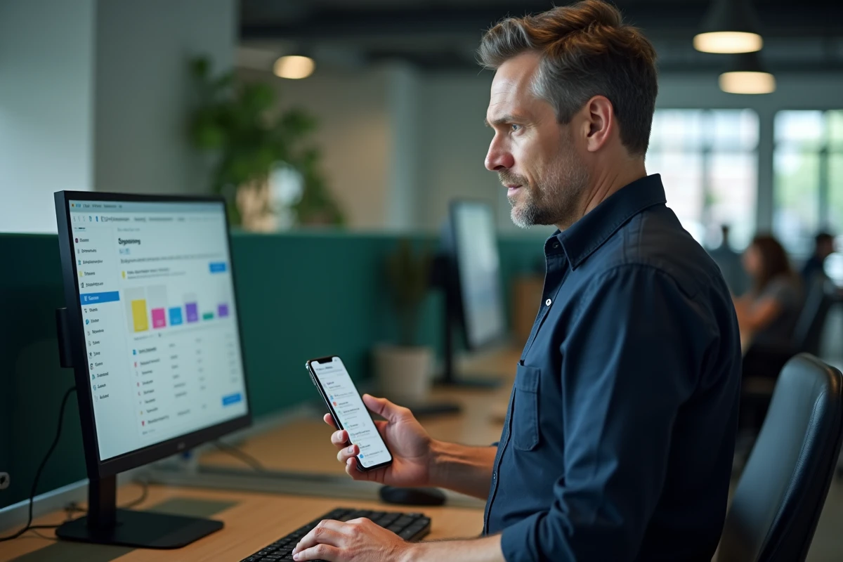 Homme gérant l'espace de stockage de sa messagerie professionnelle sur smartphone dans un bureau en open space