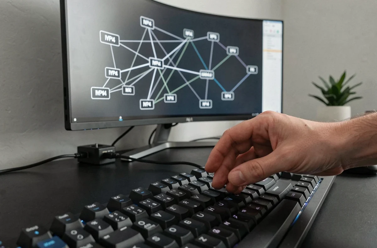 Gros plan sur un clavier mécanique et un écran affichant une carte réseau avec des adresses IPv4 dans un bureau minimaliste