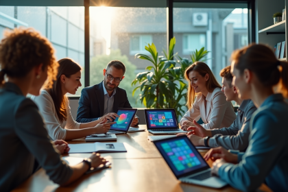 Groupe de professionnels analysant des visuels de branding et IA dans un bureau lumineux