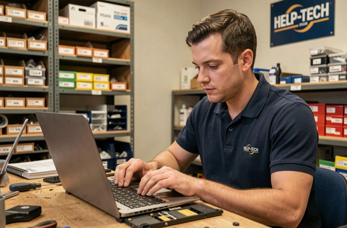 Technicien de HELP-TECH réparant un clavier d'ordinateur portable dans son atelier professionnel